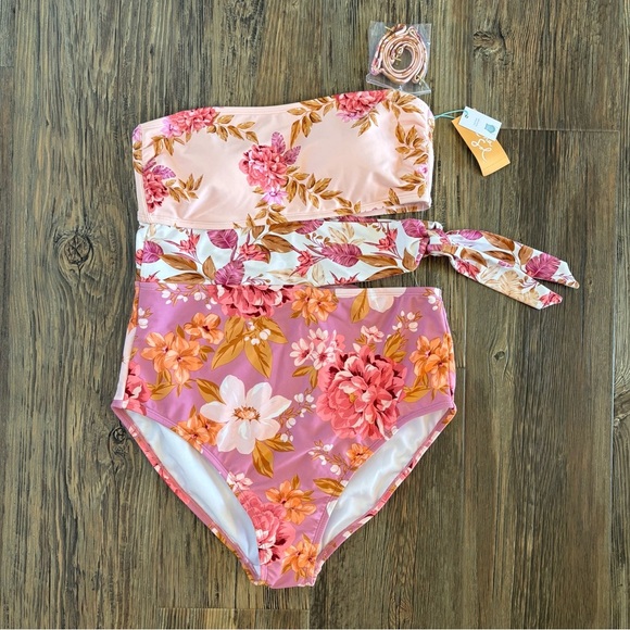 Kona Sol One-Piece Swimsuit Womens Large Pink Floral Cut Out Full Seat Coverage - Picture 1 of 14